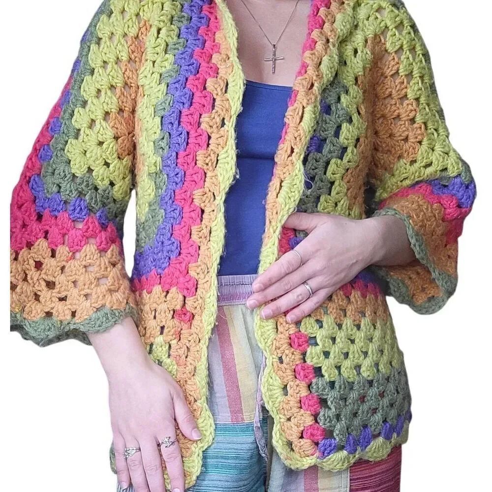 Handmade Sweater Women's XS Crochet Open Knit Rainbow Hooded Cardigan